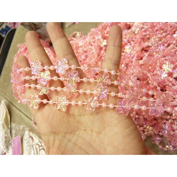 【台灣現貨速發】珍珠鍊 緞帶 | 10mm花型+3mm透明粉珍珠鍊 | 做門簾 花束 婚禮小物材料