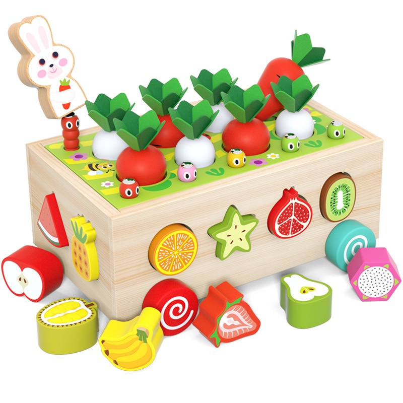 蒙氏兒童拔蘿蔔玩具農場果園玩具形狀認知積木配對抓蟲拆裝智力盒拖拉車