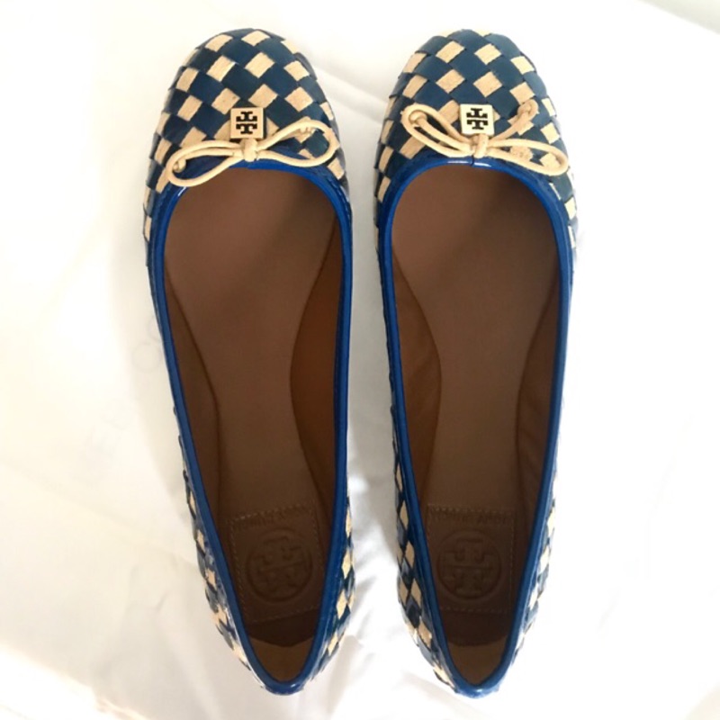 Tory Burch Natural Fluo Blue 全新藍格紋娃娃鞋 尺寸 7 5 Vilmaco 蝦皮購物