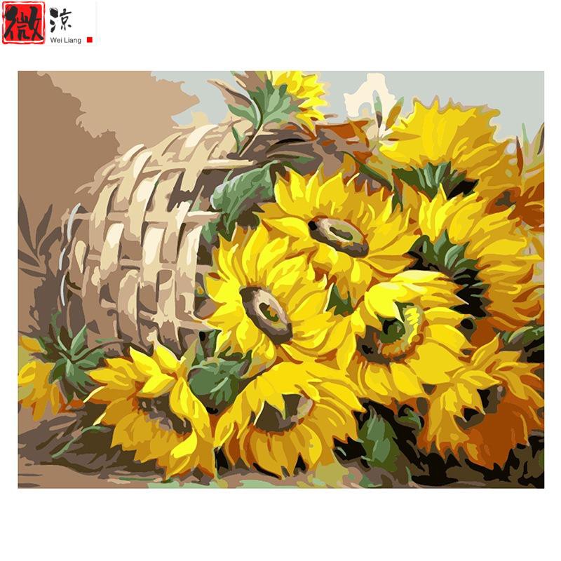 《微涼精品店》數字油畫 世界名畫 花卉 40*50 花籃裏的向日葵 裝飾 療癒 防失智 花卉