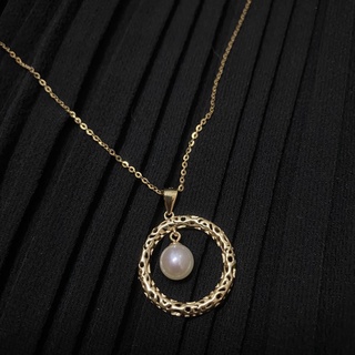 鋼鍍金造型圓環鏤空珍珠項鍊頸鏈《全新》