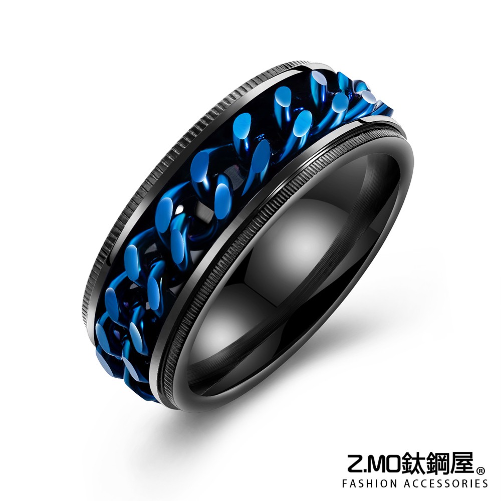 Z.MO鈦鋼屋 男生戒指 藍色鏈條戒指 可轉動戒指 鈦鋼戒指 可刻字 中性戒指 簡約戒指 特別款式【BKS648A】