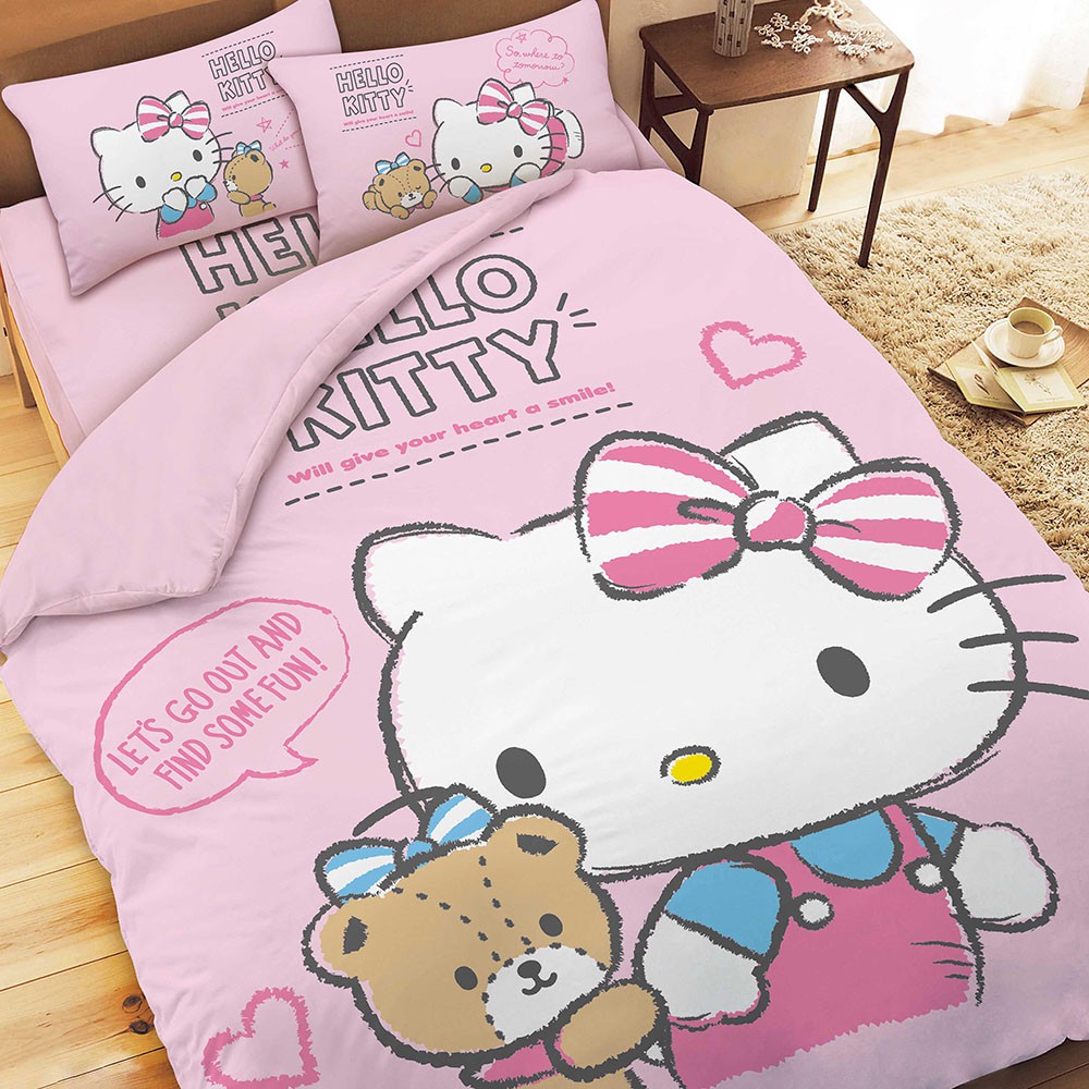 HELLO KITTY 幸福小熊 精梳棉 單人 雙人 床包枕套 涼被 被套 兩用被  中枕 枕頭2入 純棉床包