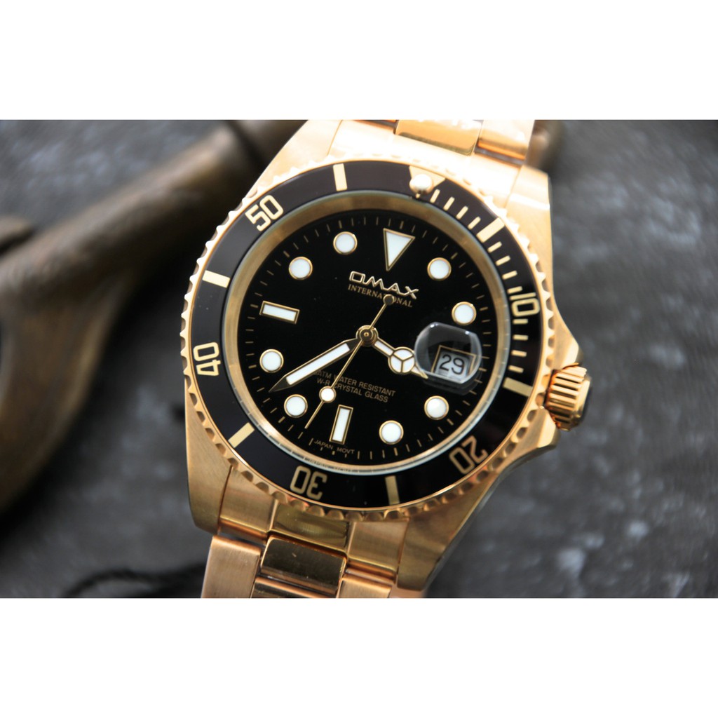 OMAX歐馬仕時尚勞利仕名款 日本製石英機心～黑水鬼黃金色submarine造型不鏽鋼製石英錶