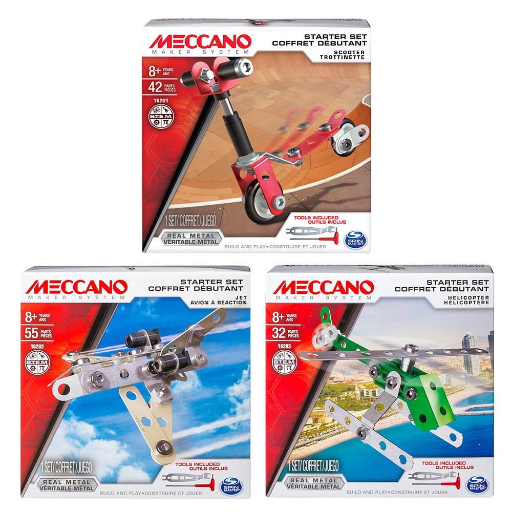 Meccano-入門套件三入組 直升機 滑板車 噴射機(STEM玩具)