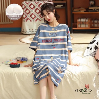 【玲瓏日記】5XL 加大碼睡裙夏女自帶胸墊bra棉質短袖胖mm寬松可外穿中長款睡衣連衣裙