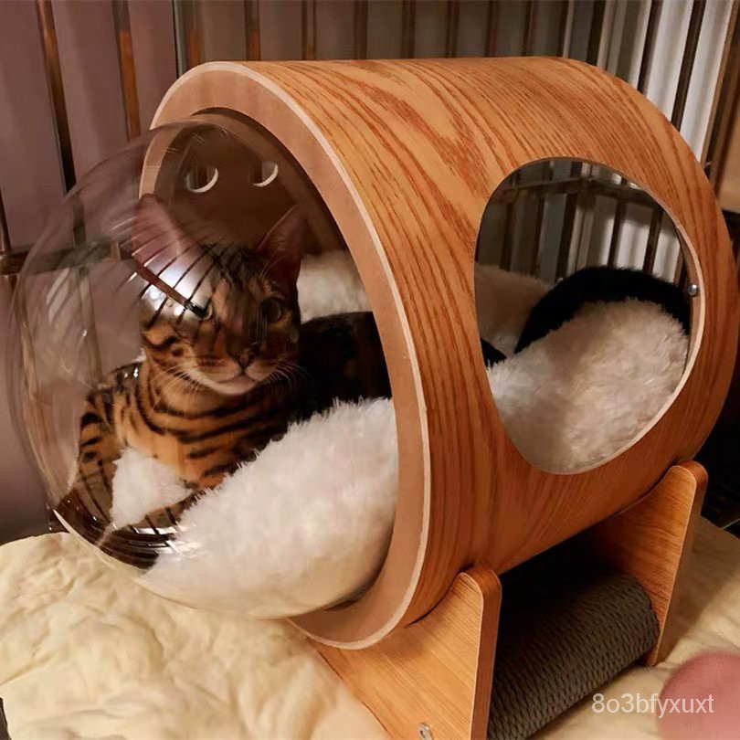 樹懶懶網紅太空艙膠囊貓抓板貓窩家居一體透明寵物窩木質四季圓筒狗窩