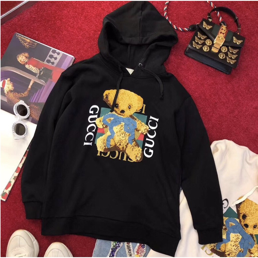 Mxw精品 Gucci 19年新款英文logo 刺繡小熊泰迪熊蝴蝶結黑色連帽t恤帽t 蝦皮購物