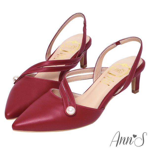 Ann’S法式珍珠-顯瘦曲線綿羊皮拉帶尖頭跟鞋5cm-紅(版型偏大)