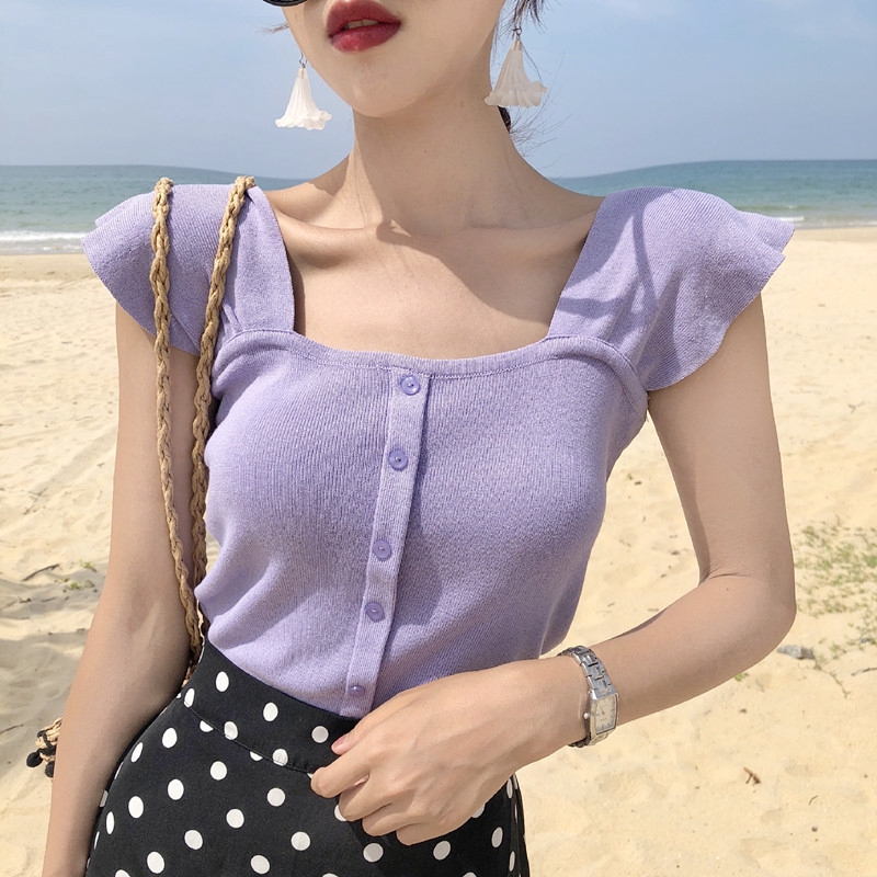 韓版夏季新款方領短版無袖小可愛針織背心女生上衣