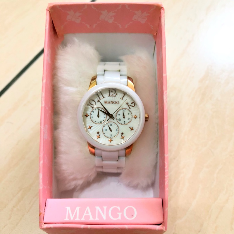 降價*MANGO 三眼陶瓷腕錶 白x玫瑰金框(原價$4000) 「二手 附備用錶帶 電池沒電 有刮痕」