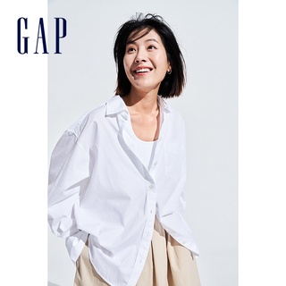 Gap 女裝 商務條紋/素色落肩長袖襯衫-白色(755814)