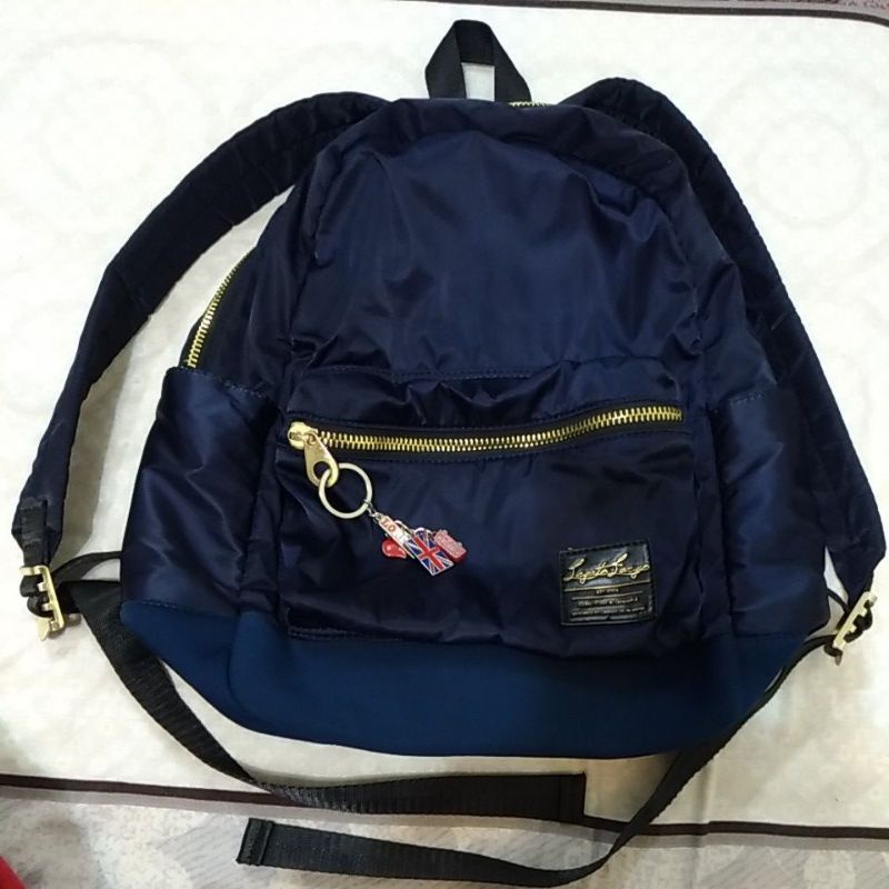 日本品牌Legato Largo 輕量多功能深藍色緞面布料金色拉鍊後背包