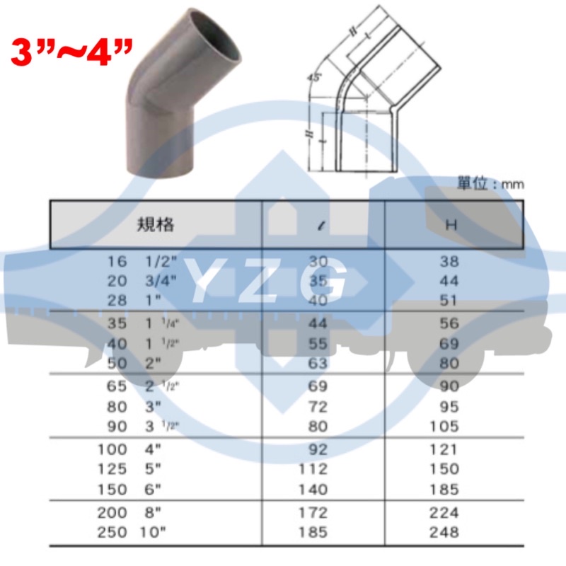 南亞 PVC 水管 45° L型 給水 接頭 彎頭 3”~4”