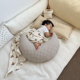 【lovely home】純棉格子月亮抱枕 嬰兒睡覺枕頭 兒童趴枕 新生兒餵奶靠枕可拆洗