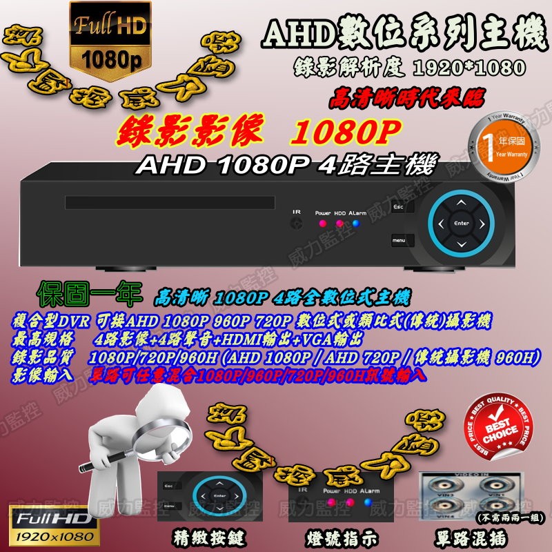 AHD 1080P  4路主機《威力監控M》 監控主機/DVR/監視器材/防盜監看 監視 錄影 錄放影機