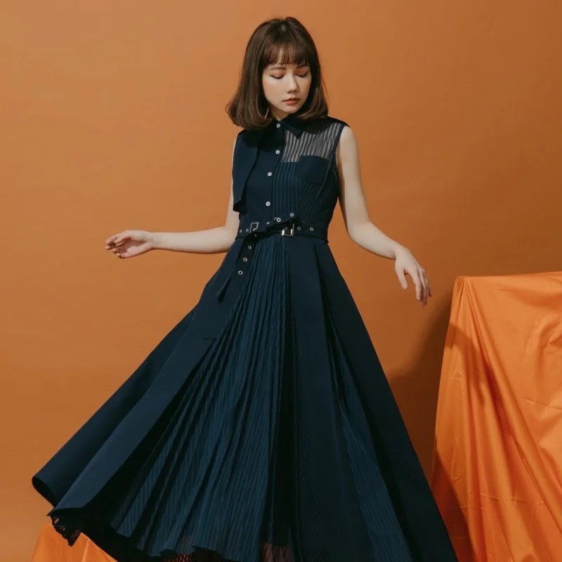 Marjorie 天空之城 個性條紋鏤空異材質拼接洋裝 全新S