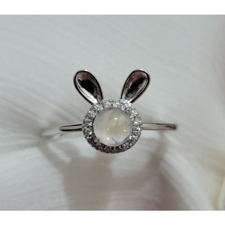 天然 月光石 月光 愛情石 純銀戒指戒圈 兔子造型