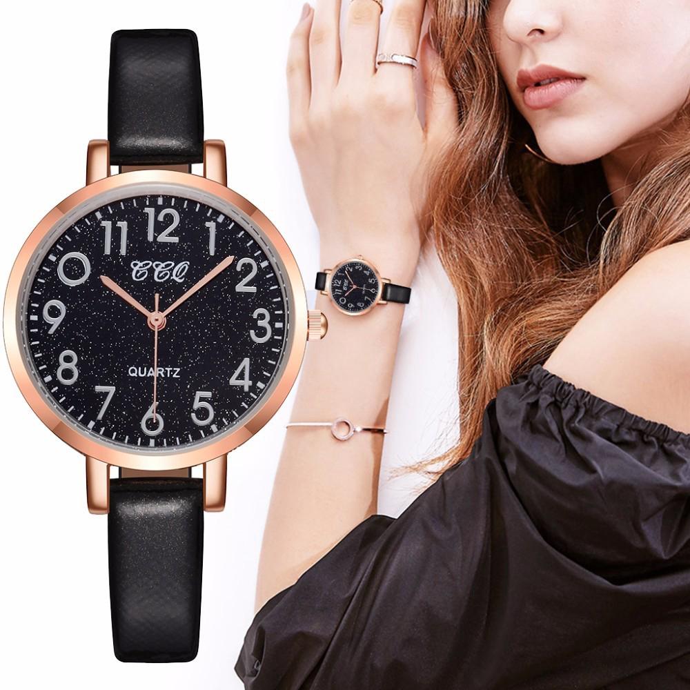 女士星空腕錶奢華皮革女士阿拉伯數字手錶