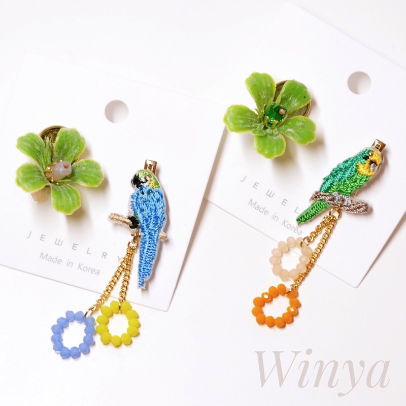 【winya 韓國飾品 現貨 】正韓 刺繡 鸚鵡 耳環 限量現貨