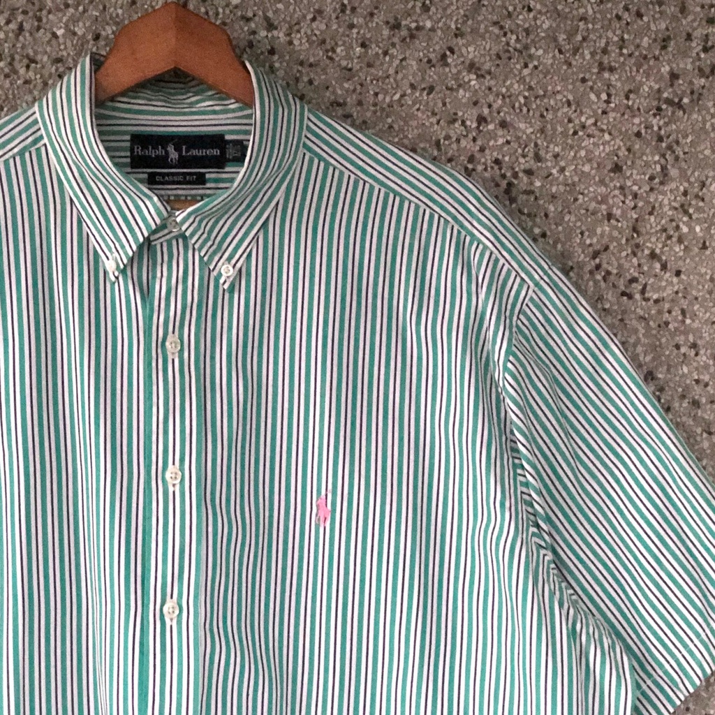 [Oldman Vintage] Polo Ralph Lauren 綠白條紋 粉紅標 馬球 古著襯衫 約XL P102