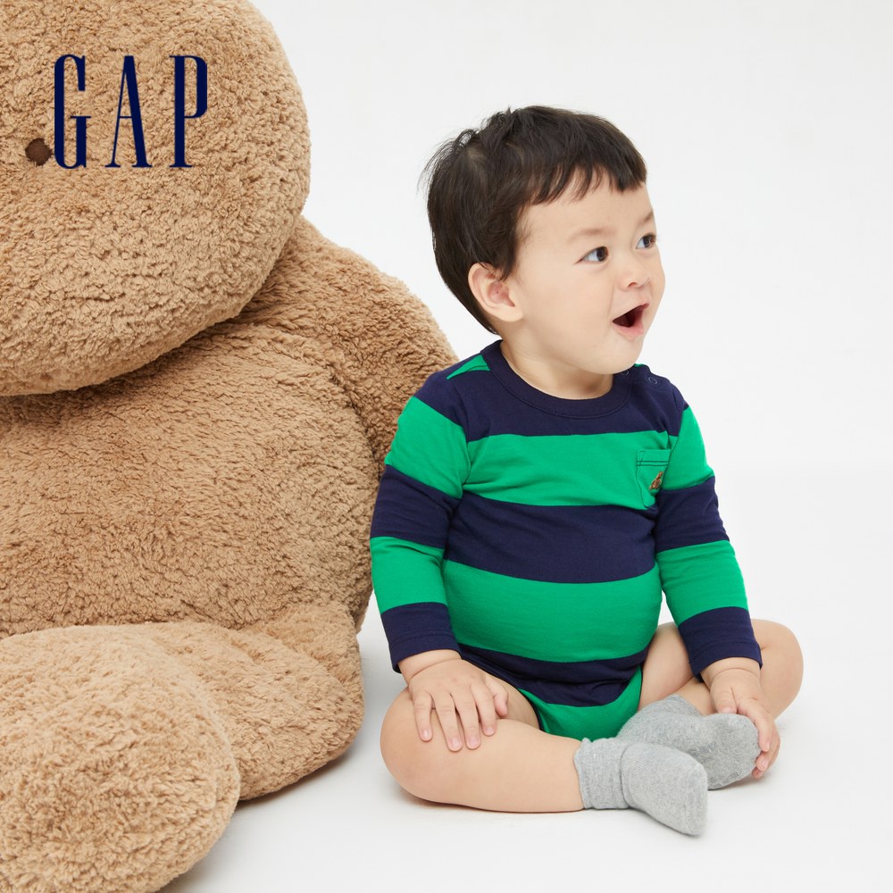 Gap 嬰兒裝 純棉條紋長袖包屁衣 布萊納系列-藍綠條紋(757651)
