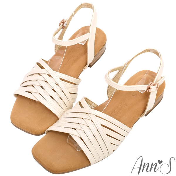 Ann’S水洗牛皮-編織繫帶木紋跟方頭涼鞋-米