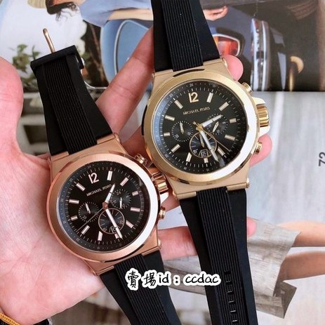 Michael Kors手錶 玫瑰金三眼計時針日曆多功能手錶 橡膠錶帶大錶盤石英手錶 防水手錶MK8184 MICHAE