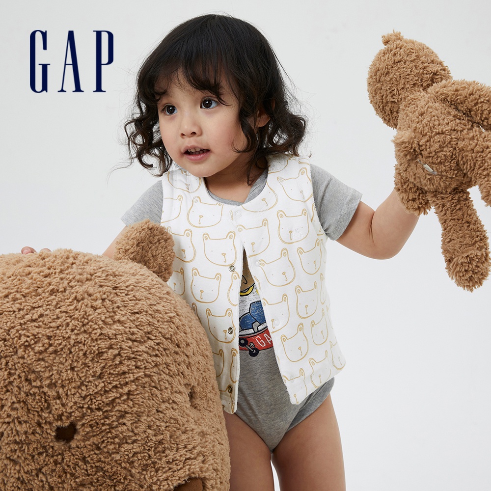 Gap 嬰兒裝 雙面穿小熊刺繡背心外套 布萊納系列-白色(802194)