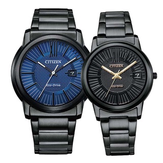 【CITIZEN 星辰】AW1217-83L FE6017-85E 羅馬字 鋼錶帶 日期顯示 光動能對錶 藍+黑金 台南