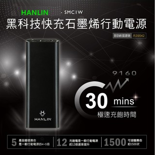 HANLIN- SMC1W 黑科技 30分快充石墨烯行動電源相容QC3.0並向下兼容QC2.QC1 各種型號的快充手機