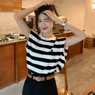 Anna's 黑白條紋無袖背心T恤女夏季韓版設計感心機小眾寬鬆辣妹外穿上衣