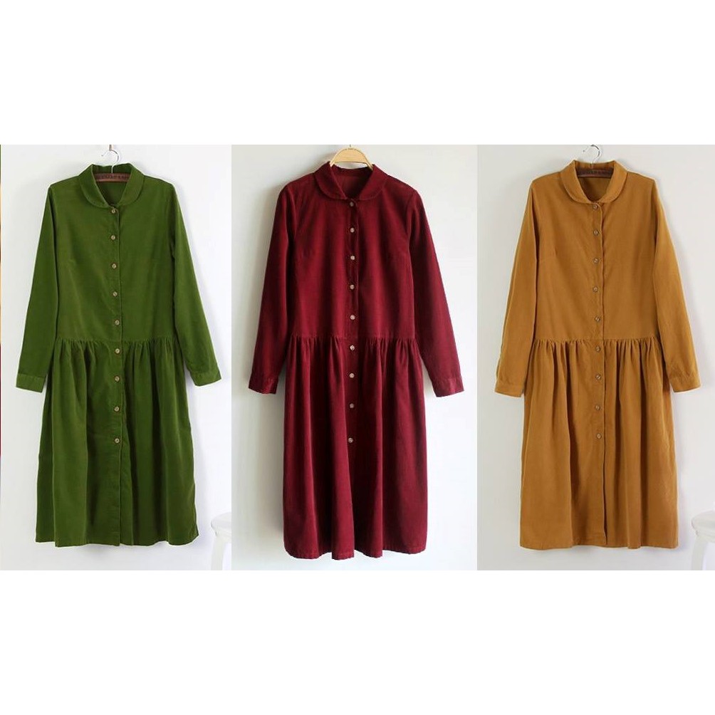 現貨 日本古著燈芯絨文藝復古長袖洋裝襯衫洋裝連身裙長版襯衫縮腰洋裝燈芯絨洋裝冬天洋裝古著洋裝復古洋裝 蝦皮購物