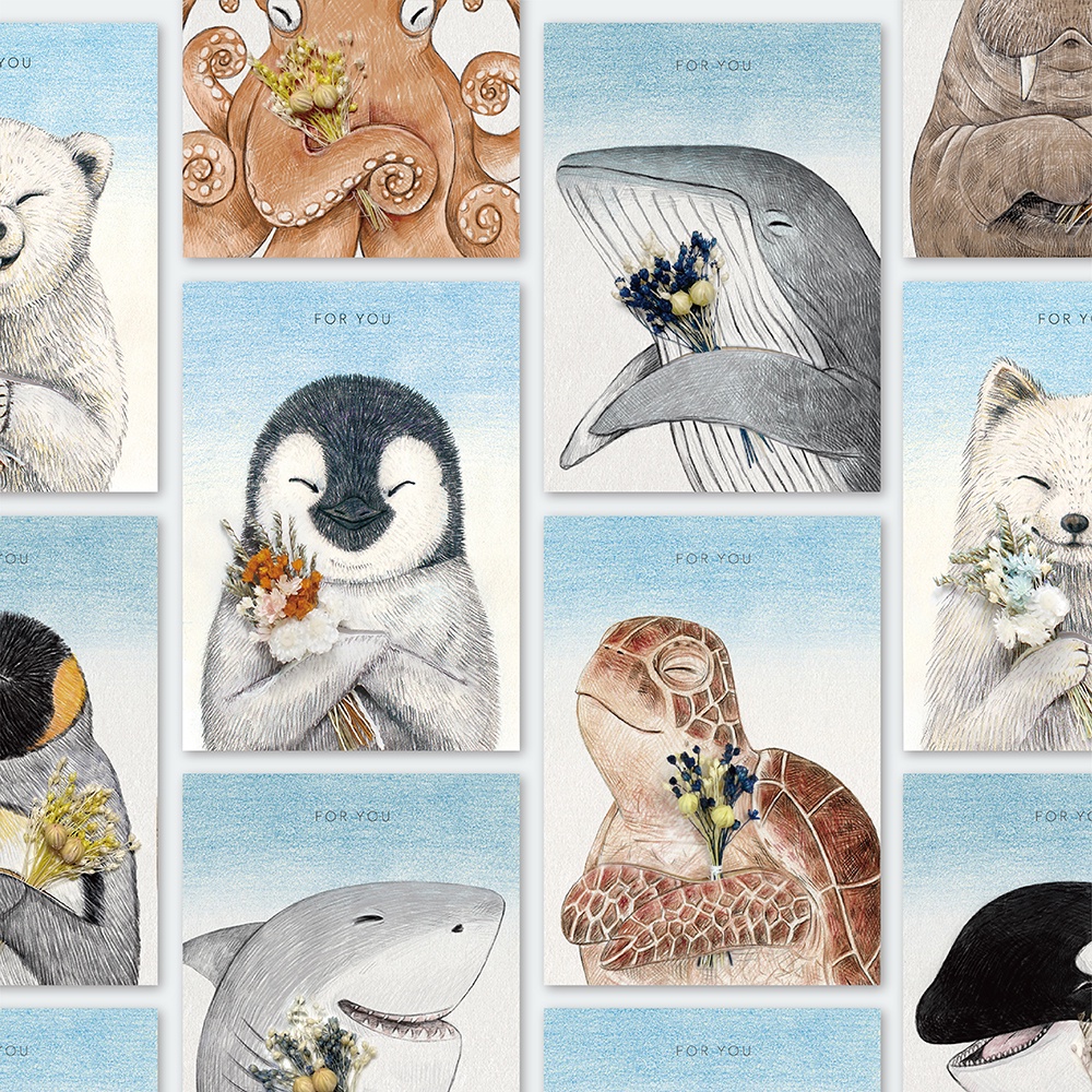 海洋動物插畫對折卡片＋含乾燥花束_現貨_/動物插畫/溫馨手繪風/萬用卡片/生日/情人節