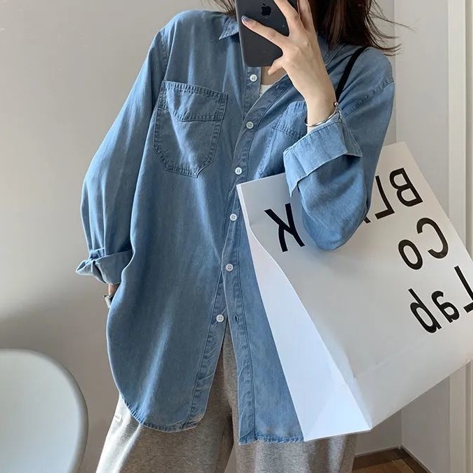 牛仔襯衫 女生薄外套 長袖牛仔外套 薄款 疊穿 韓版 寬鬆 復古 百搭 休閒襯衣
