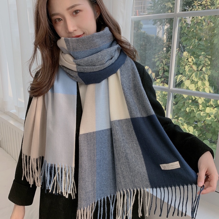 圍巾 韓國流行格子披肩圍巾兩用舒適仿羊绒 保暖圍巾 73789