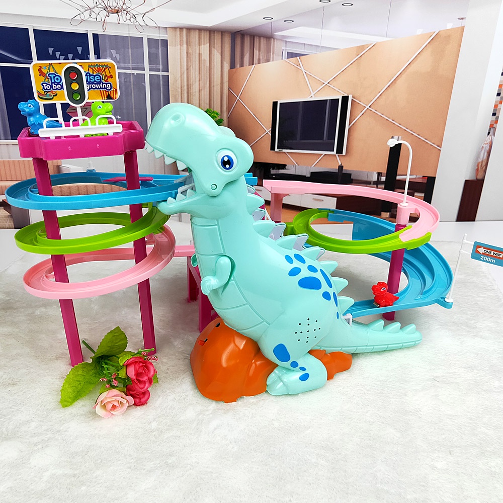 卡通恐龍軌道玩具 帶聲光 多層軌道電動爬樓梯USB供電 兒童拼裝玩具 恐龍樂園套裝 親子互動玩具