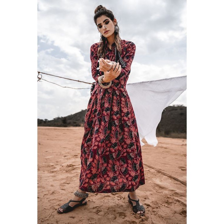 【Lakshmi各國好物 印度】印度設計師品牌 栗色塊狀印花洋裝