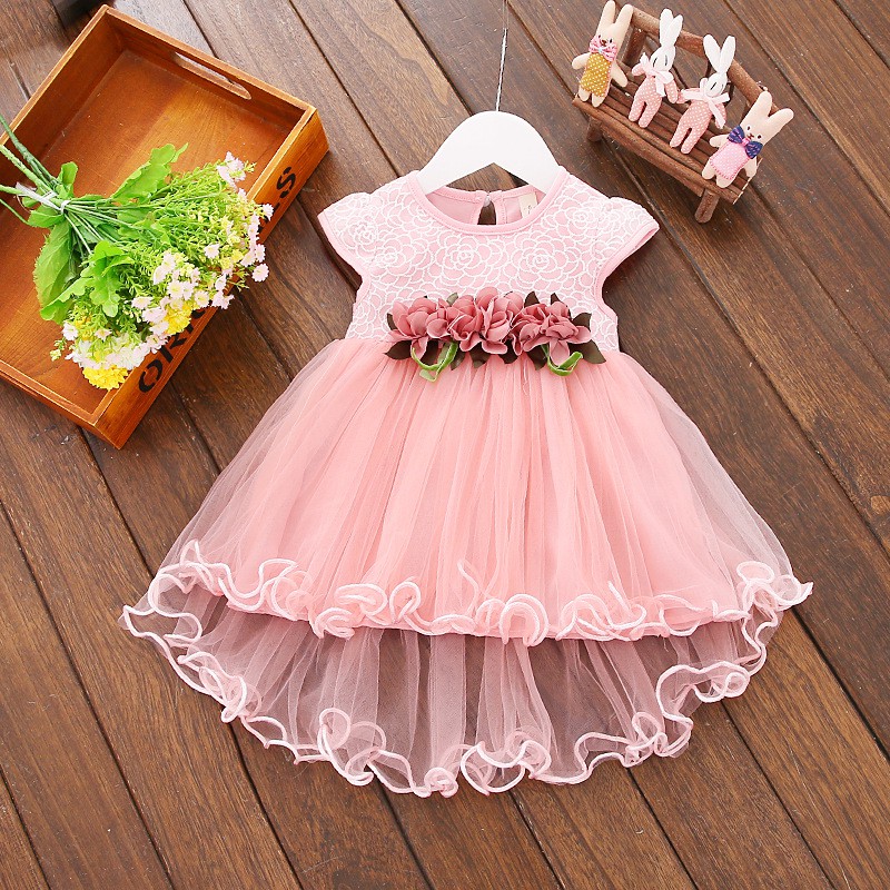 女童腰間花朵連身裙女寶寶花朵禮服裙女孩前短后長花童裙子洋裝