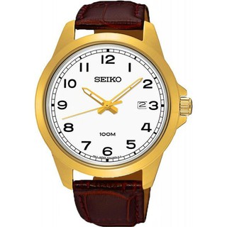 SEIKO WATCH 精工真空電鍍金黃色紳士石英腕錶型號：SUR160P1