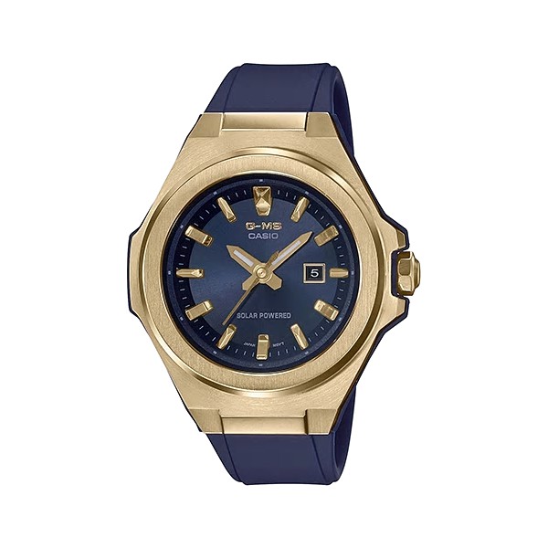 【CASIO】Baby-G MSG系列 金色不鏽鋼殼X藍色錶帶 太陽能素面女錶 MSG-S500G-2A 台灣公司貨