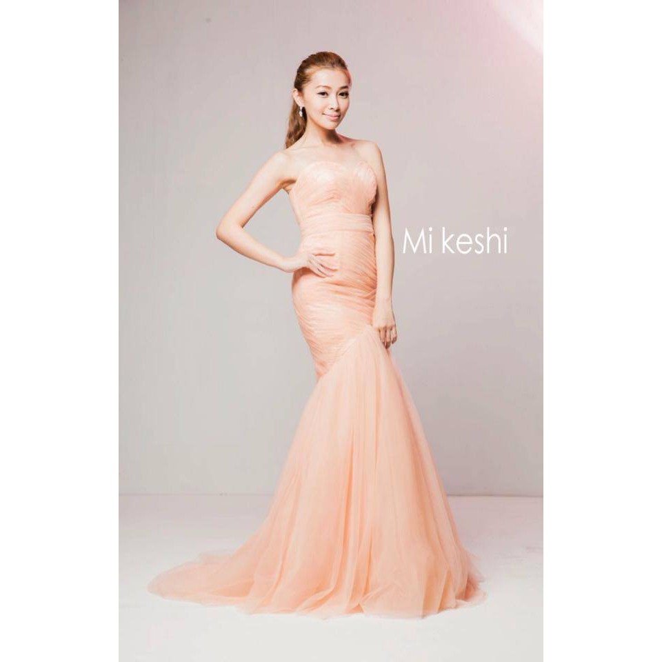 二手禮服-粉橘魚尾輕婚紗禮服