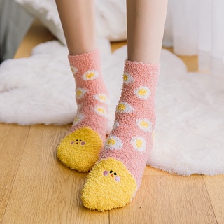 女襪 卡通珊瑚絨襪子 可愛 保暖 地板襪 ins日系 加厚 條紋 中筒睡眠襪