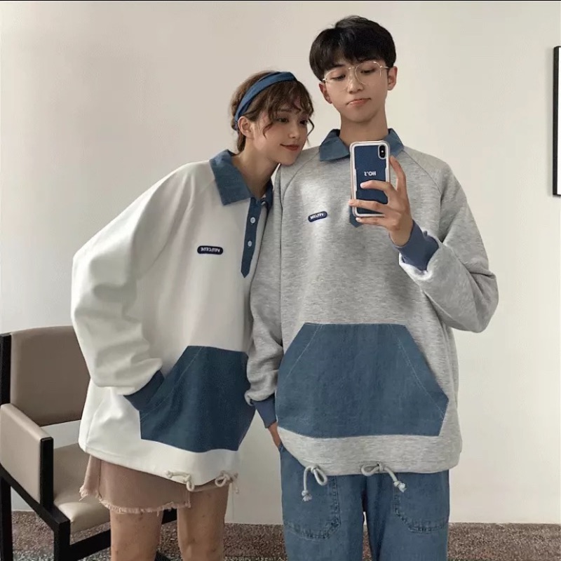 Monday 韓國襯衫領大學t 鋪棉牛仔拼接刷毛秋冬男女款拼色polo 長袖韓版大學t 保暖 蝦皮購物