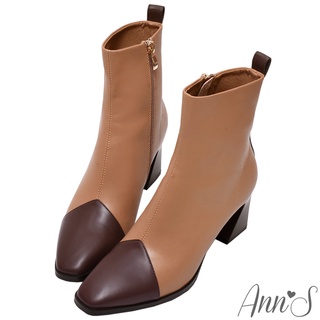 Ann’S高段位時尚-拼接色造型鞋根方頭短靴6.5cm-咖杏(版型偏小)