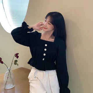 新款甜美法式修身顯瘦方領短款小個子長袖襯衫上衣女洋裝