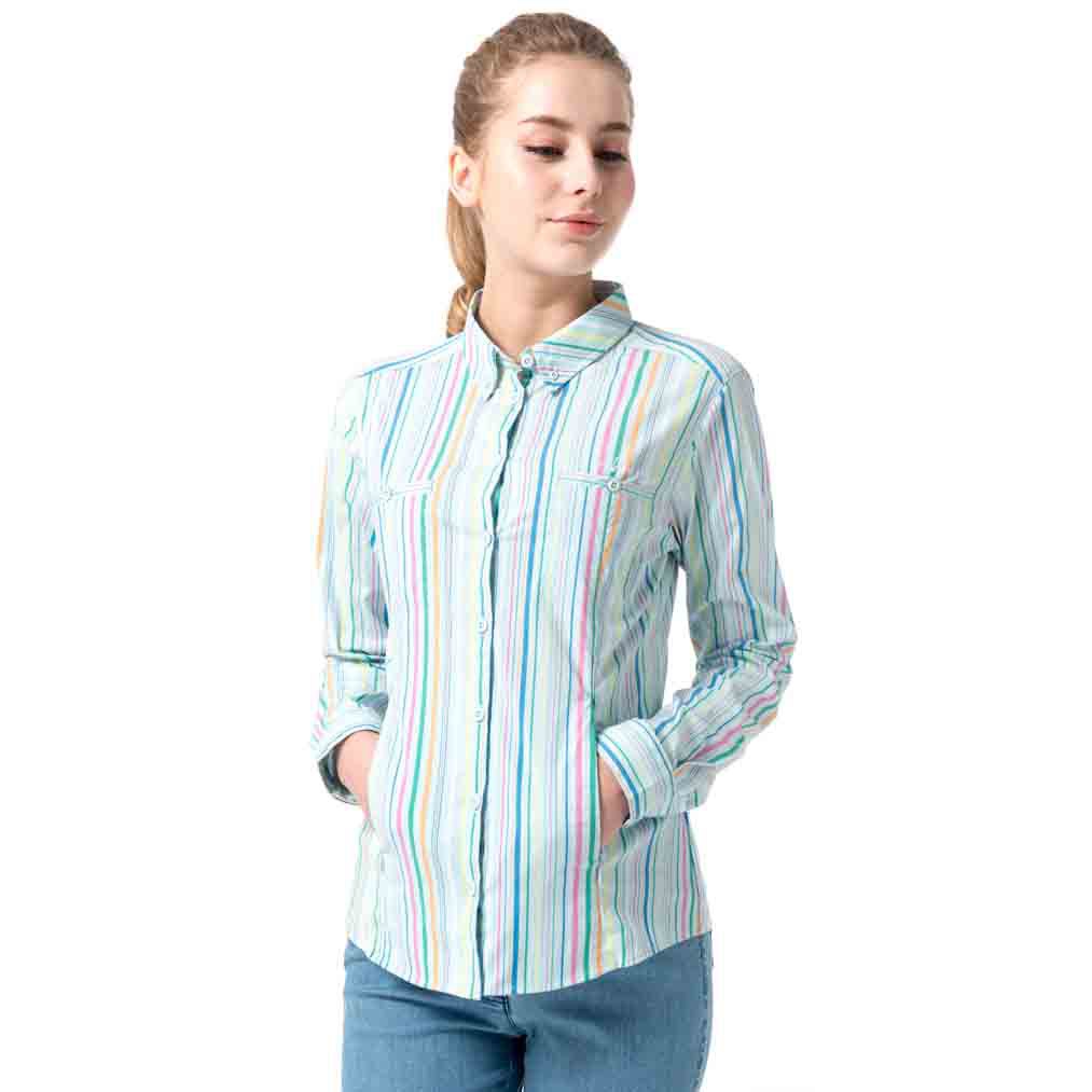 【Hilltop山頂鳥】女款吸濕排汗抗UV彈性長袖襯衫S05F66水晶藍底彩條