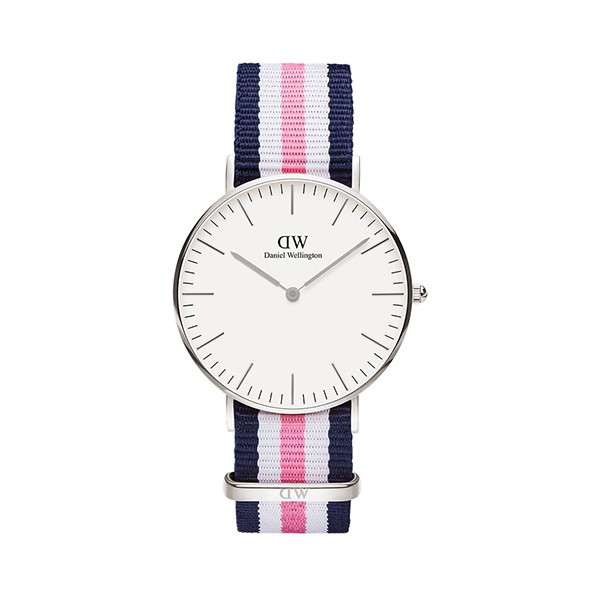 【DW】CLASSIC瑞典時尚品牌經典簡約尼龍腕錶-白粉藍x銀-36mm/DW00100050/原廠公司貨兩年保固