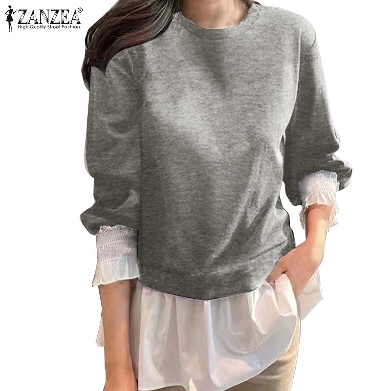 ZANZEA 女式時尚假兩件式鑲片 O 領彈性袖口襯衫