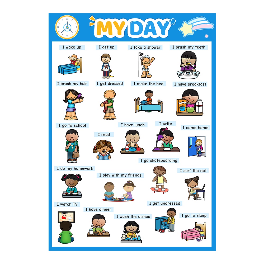 My Day 我的一天每日生活英語短語英文a4海報幼稚園幼兒教室牆貼掛畫寶寶英語早教啟蒙學習一張 蝦皮購物